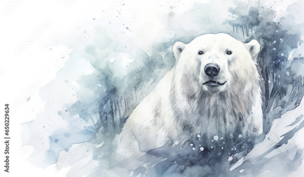 Watercolor illustration with white polar bear. Winter time. AI generated
