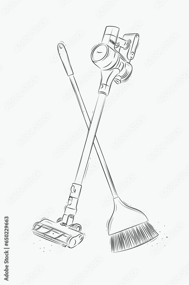 Cordless vacuum cleaner and flat broom drawing in graphic style on white background