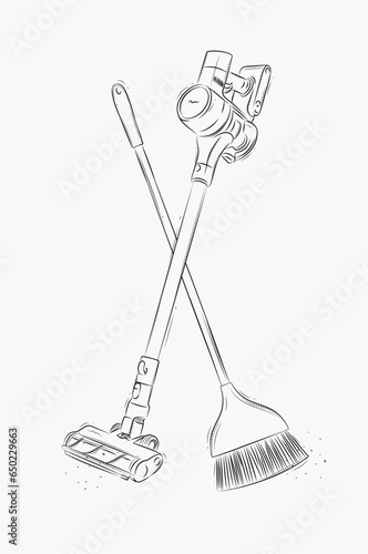 Cordless vacuum cleaner and flat broom drawing in graphic style on white background