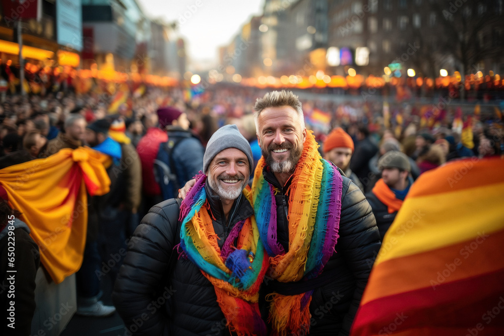 Fototapeta premium Two mature gay men with rainbow flag at lgbt demonstration