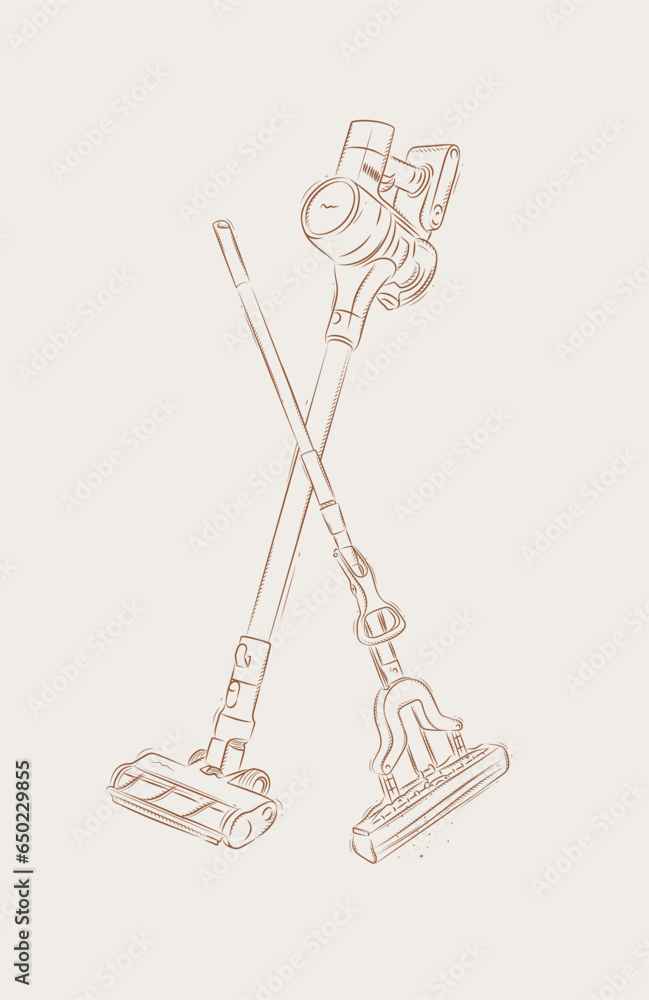 Cordless vacuum cleaner and sponge mop drawing in graphic style on beige background