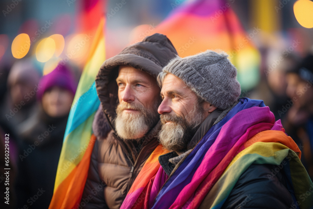 Side view of two mature gay men with rainbow flag at lgbt demonstration