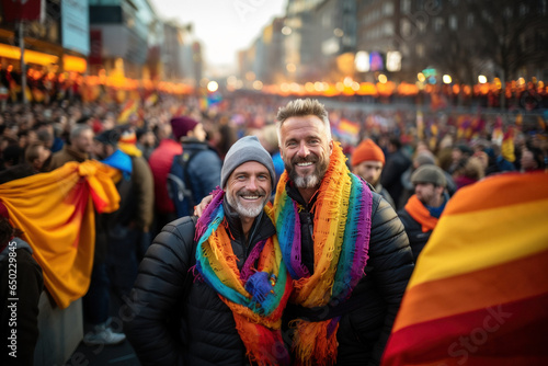 Two mature gay men with rainbow flag at lgbt demonstration © sofiko14