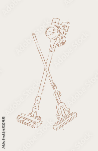 Obraz na płótnie Cordless vacuum cleaner and sponge mop drawing in graphic style on beige background w salonie