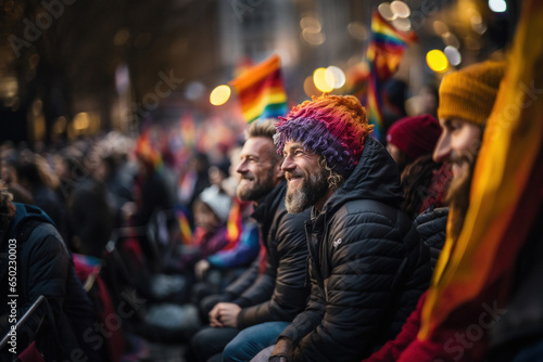 Mature caucasian gay man at demonstration, parade of lgbt community