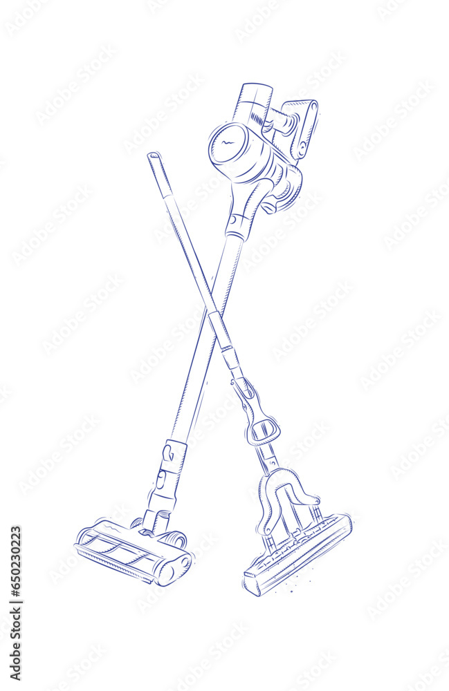 Cordless vacuum cleaner and sponge mop drawing in graphic style on light background