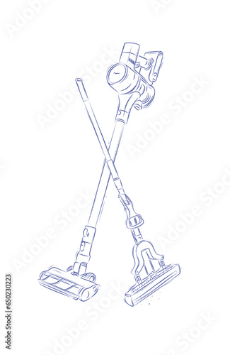 Obraz na płótnie Cordless vacuum cleaner and sponge mop drawing in graphic style on light background w salonie