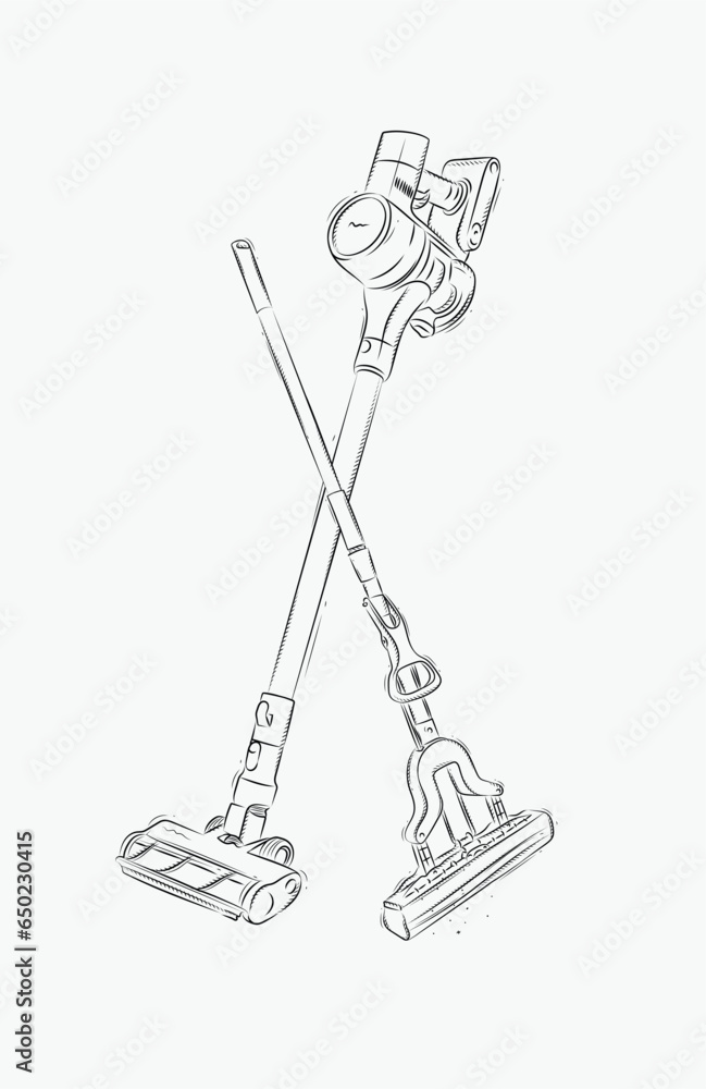 Cordless vacuum cleaner and sponge mop drawing in graphic style on white background