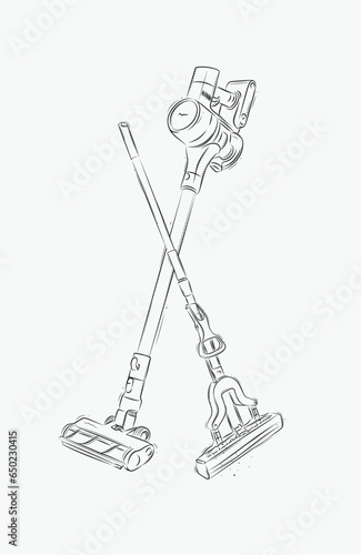 Obraz na płótnie Cordless vacuum cleaner and sponge mop drawing in graphic style on white background w salonie
