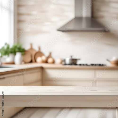 Empty kitchen table and blurred kitchen background © karandaev