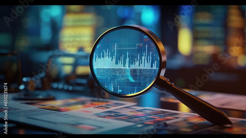 A magnifying glass placed next to a backdrop of business documents, accounting graphs, and stock charts