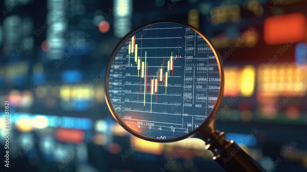 A magnifying glass placed next to a backdrop of business documents, accounting graphs, and stock charts A magnifying glass placed next to a backdrop of business documents, accounting graphs, and stock charts