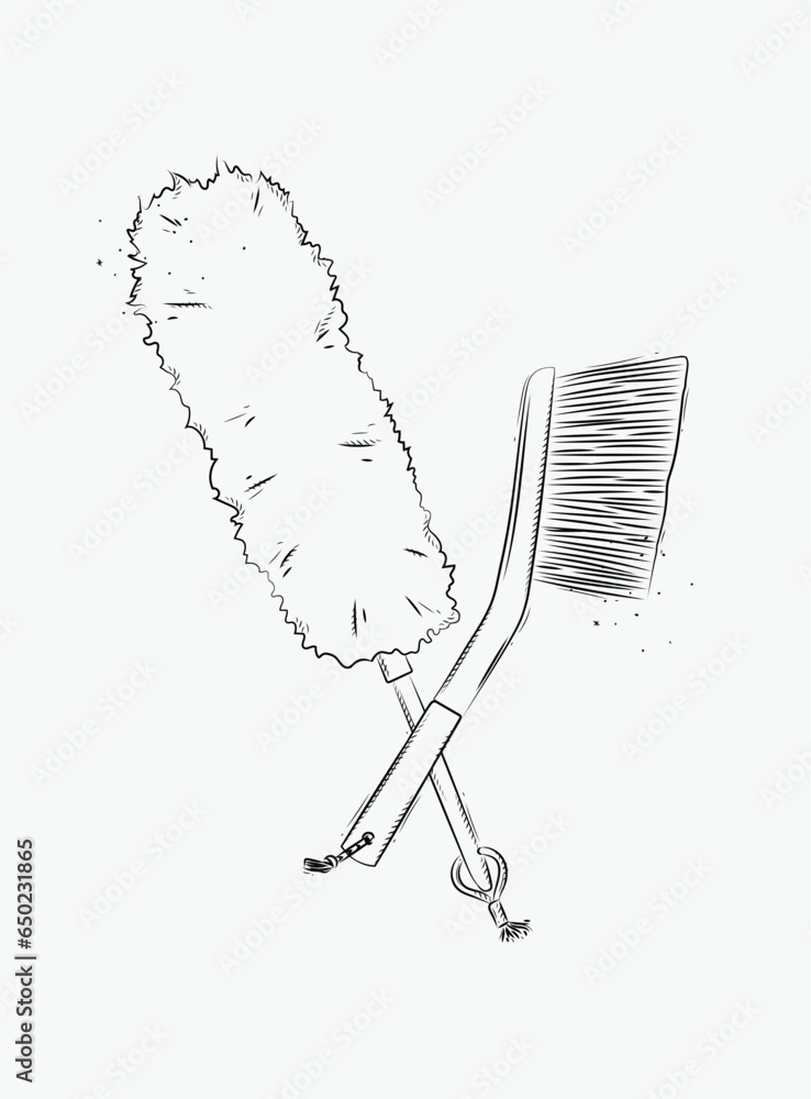 Dust remover tool and brush drawing in graphic style on white background