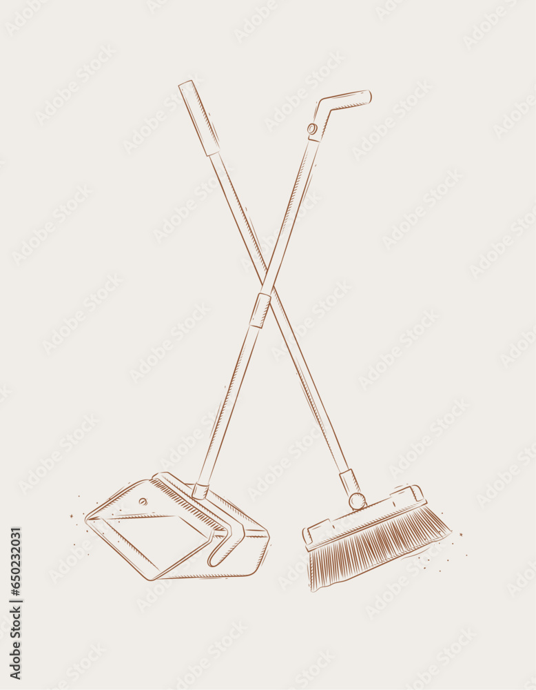 Flat broom and dustpan drawing in graphic style on beige background