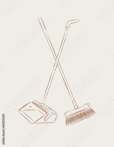 Obraz na płótnie Flat broom and dustpan drawing in graphic style on beige background w salonie