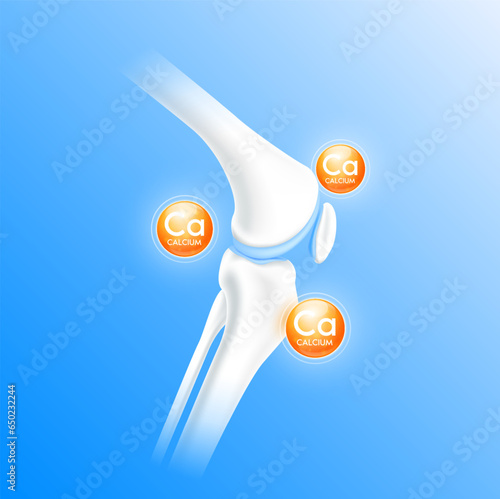 Calcium orange surround bone cartilage. Vitamins minerals care bone knee joint. Healthy human skeleton anatomy isolated on blue background. Realistic 3D vector.