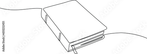 The book lies on the table. Vector illustration drawn with one line on a transparent background