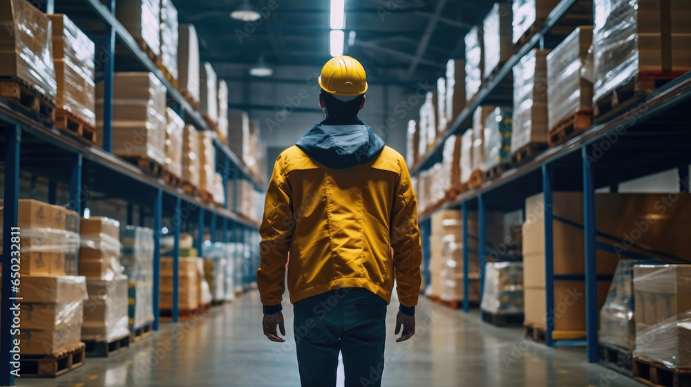 Back view of a worker wearing a yellow hat in a warehouse