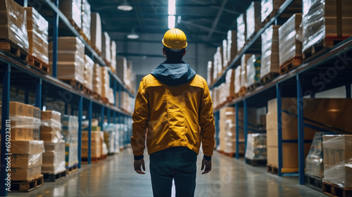 Back view of a worker wearing a yellow hat in a warehouse