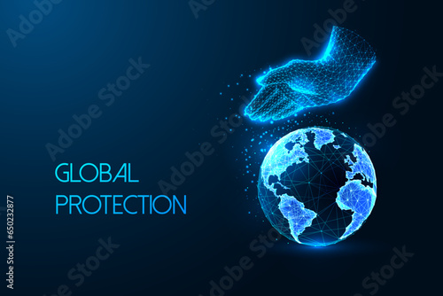 Global protection, social corporate responsibility futuristic concept with human hand guards Earth 