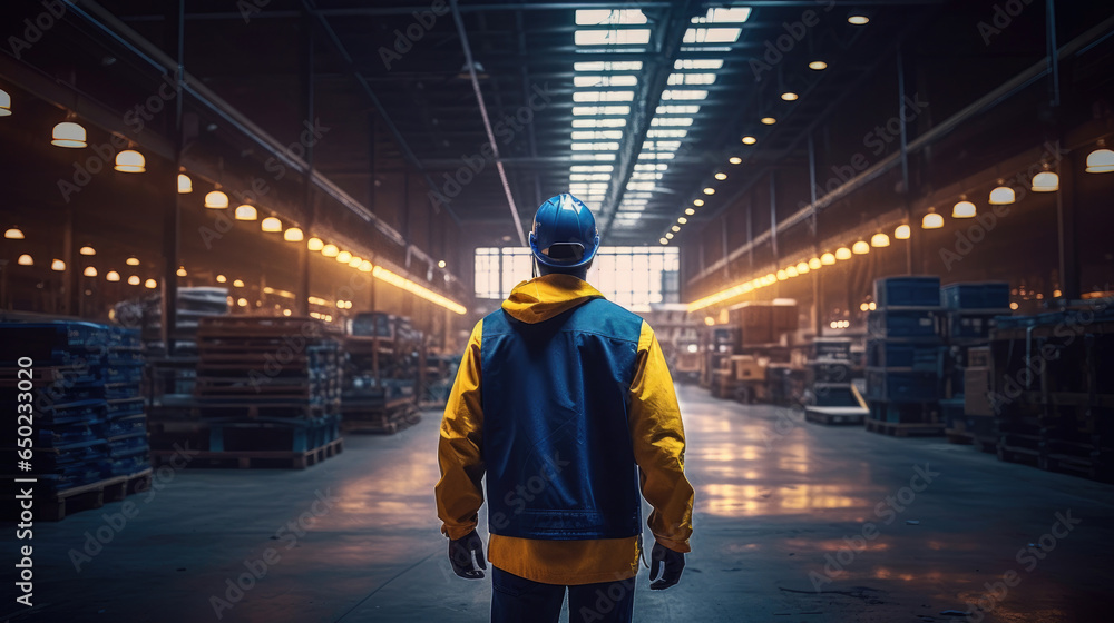 Back view of a worker wearing a yellow hat in a warehouse