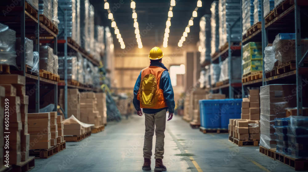 Fototapeta premium Back view of a worker wearing a yellow hat in a warehouse