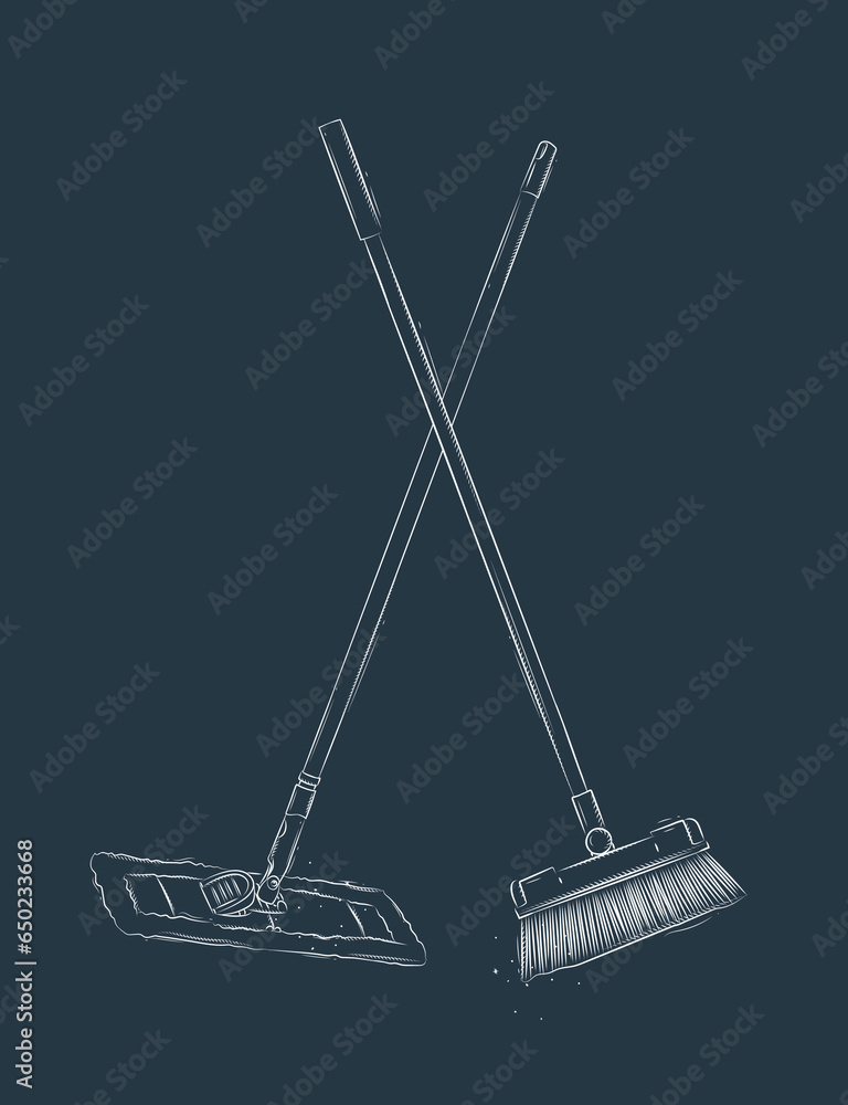 Flat mop and broom drawing in graphic style on blue background