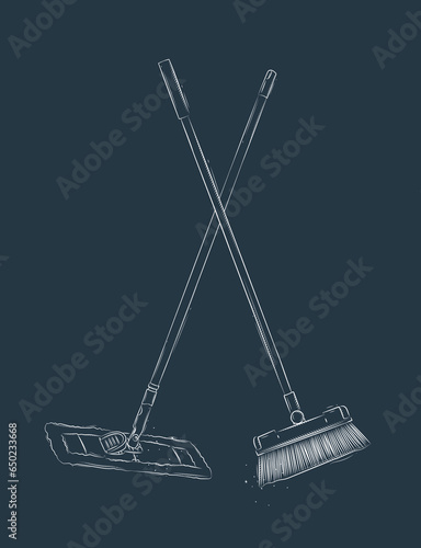 Obraz na płótnie Flat mop and broom drawing in graphic style on blue background w salonie