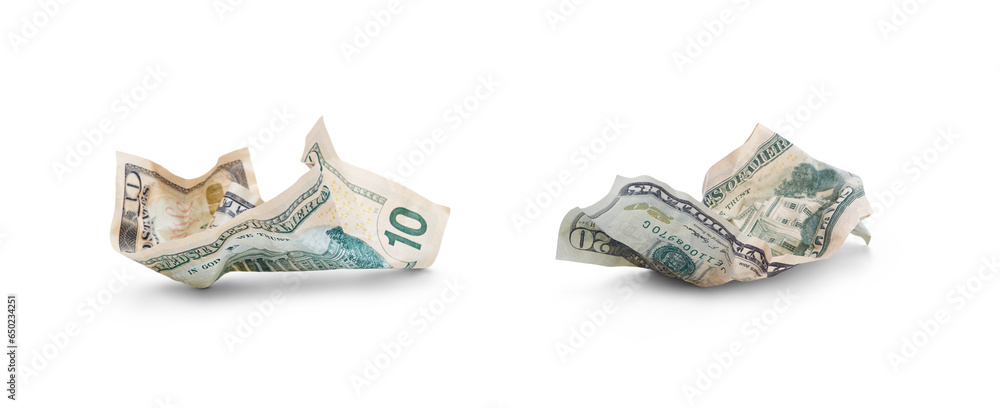 A collection of American dollars lying on the ground after being thrown away, wasting money, isolated against a transparent background.