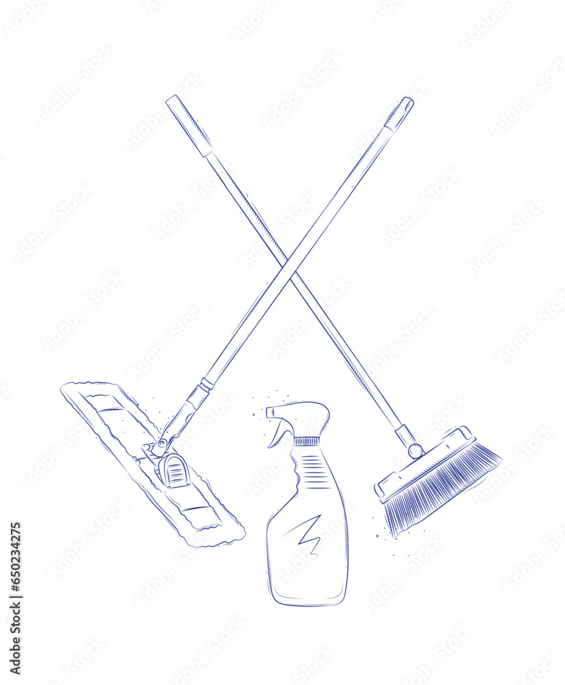 Flat mop, broom and glass cleaner drawing in graphic style on light background