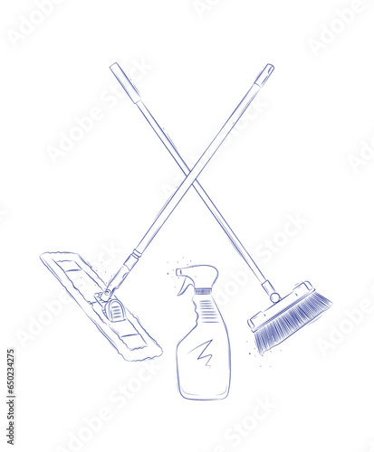 Obraz na płótnie Flat mop, broom and glass cleaner drawing in graphic style on light background w salonie