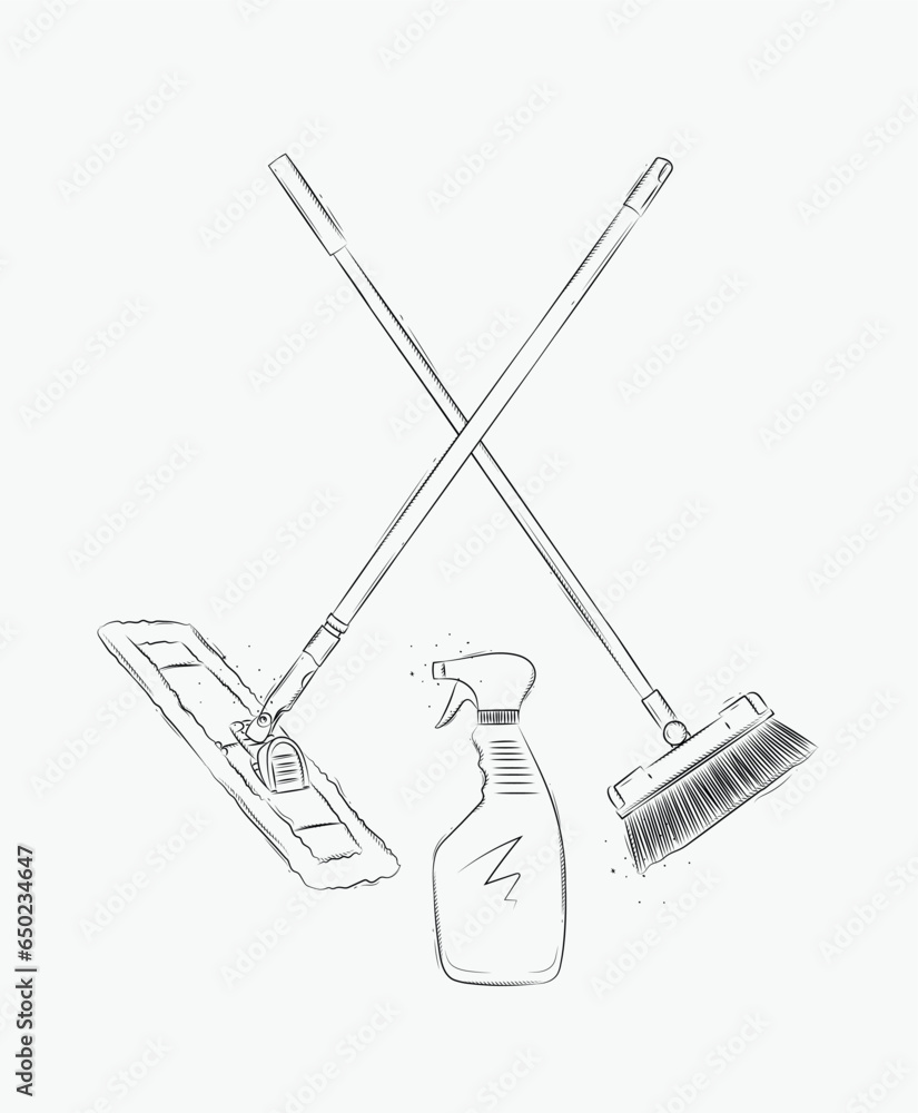 Flat mop, broom and glass cleaner drawing in graphic style on white background