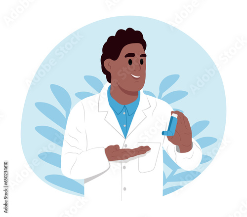 World Asthma Day. A young smiling black doctor holds an inhaler in his hands for inhalation. Children's doctor. Bronchial asthma. Allergy, asthmatic. Inhalation drug.