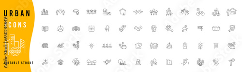 City development line icons. Urban planning, smart city infrastructure.  Editable stroke icon