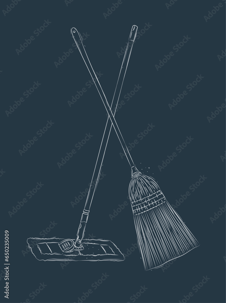 Broom and flat mop drawing in graphic style on blue background