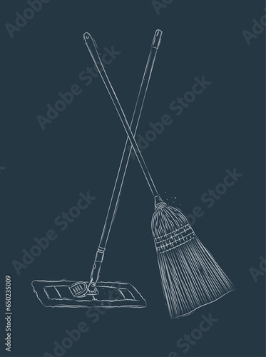 Obraz na płótnie Broom and flat mop drawing in graphic style on blue background w salonie