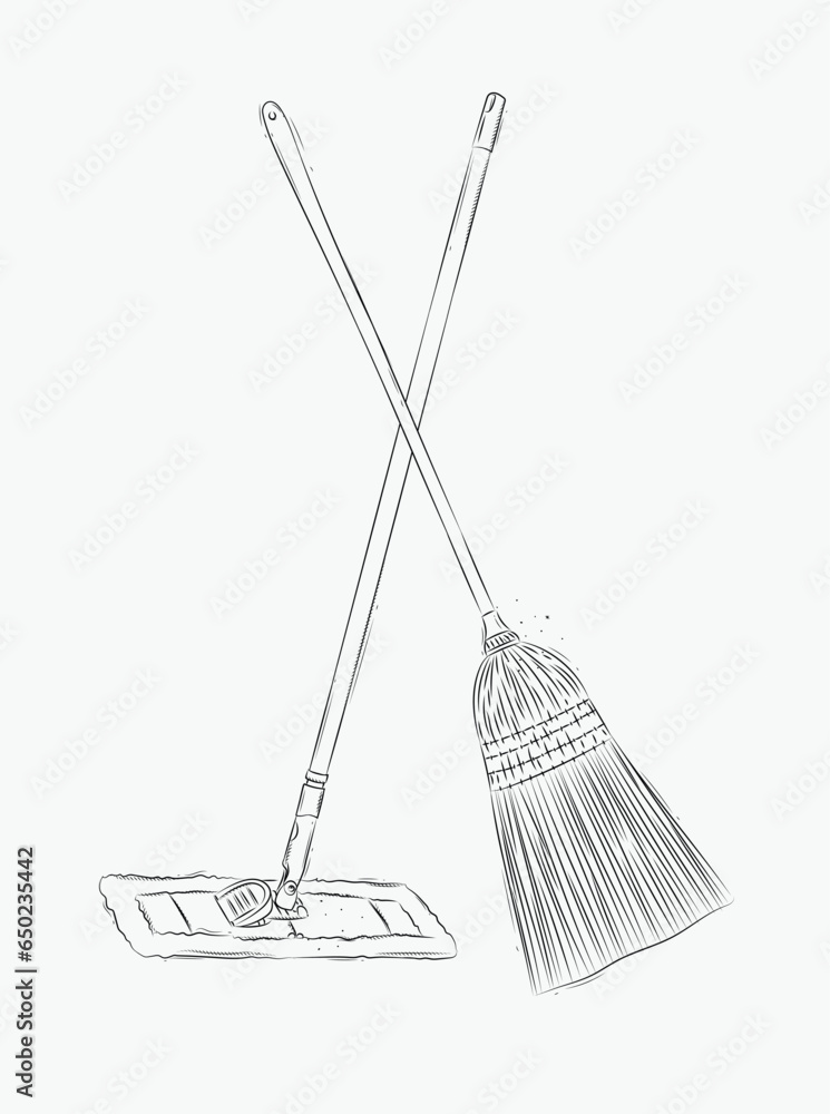 Broom and flat mop drawing in graphic style on white background