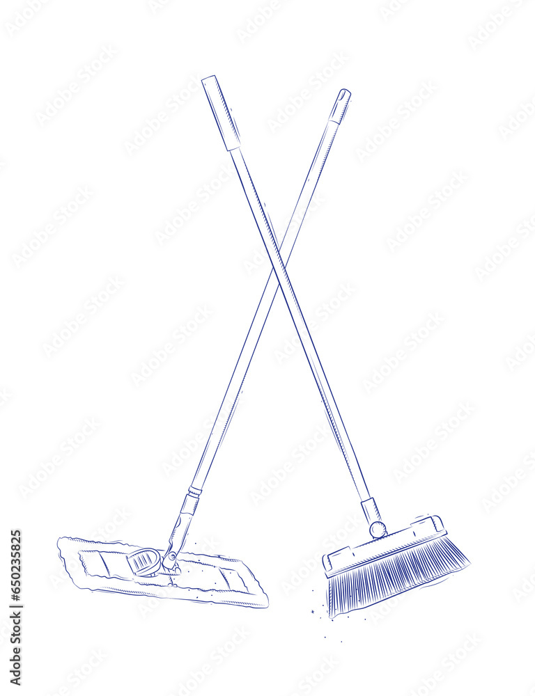 Flat mop and broom drawing in graphic style on light background