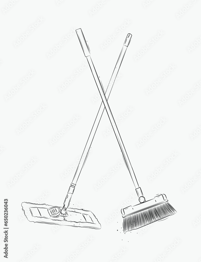 Flat mop and broom drawing in graphic style on white background