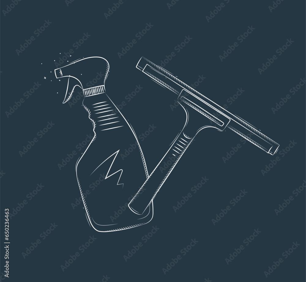 Glass scraper and cleaner drawing in graphic style on blue background