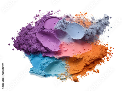 Multicolor crushed makeup powders mixed together. Transparent background.