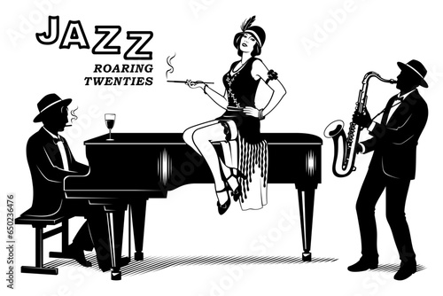 Roaring Twenties. Lifestyle 20s. Flapper girl sitting on a piano, pianist and saxophonist playing jazz. Black and white ink style vector illustration. All figures and elements are the separate objects