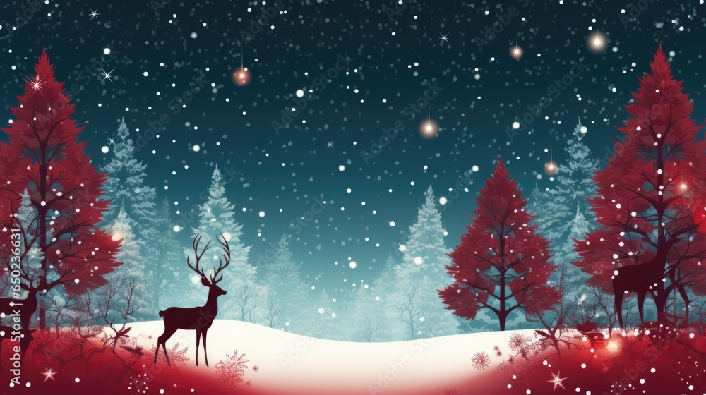 Christmas background with reindeer and winter forest. 