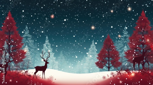 Christmas background with reindeer and winter forest. 