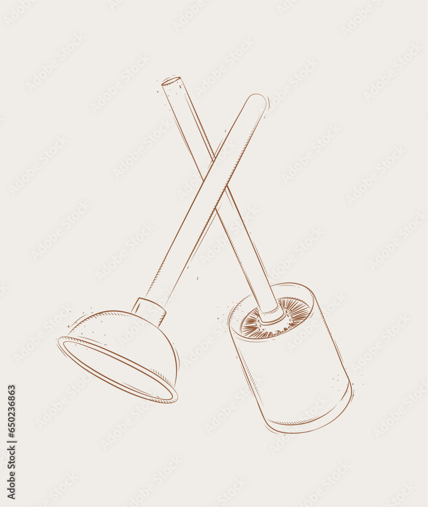 Cleaning tools toilet brush and plunger drawing in graphic style on beige background