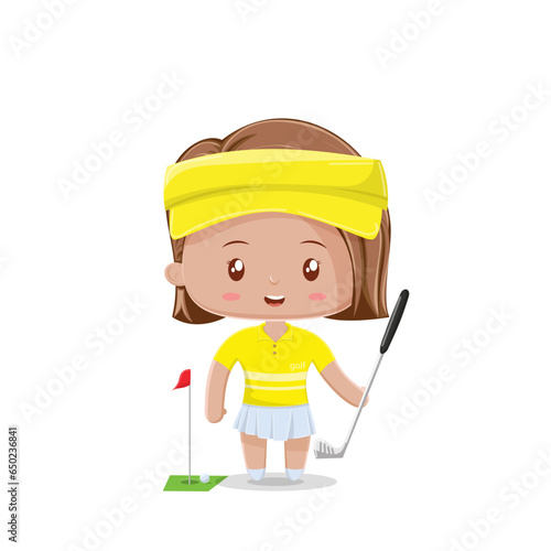 A golfer girl cute character who holds a stick golf