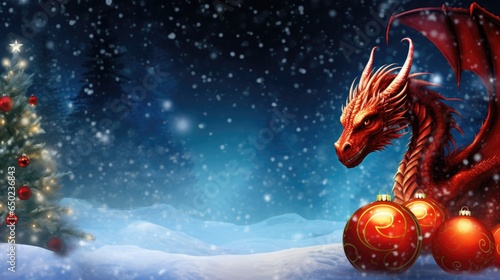  red dragon with christmas balls on snowy background 