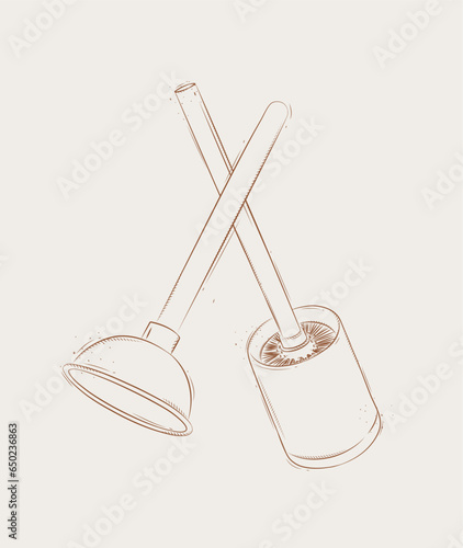 Cleaning tools toilet brush and plunger drawing in graphic style on beige background