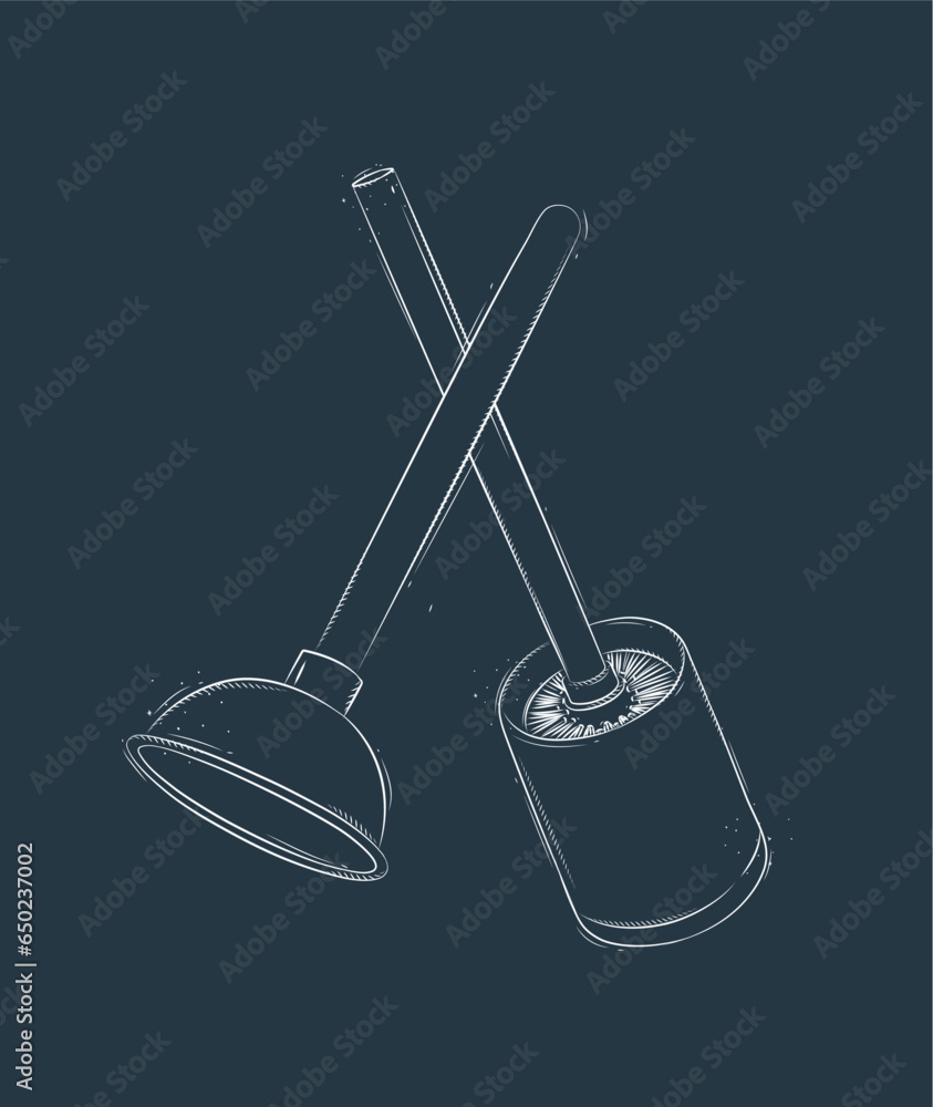 Cleaning tools toilet brush and plunger drawing in graphic style on blue background
