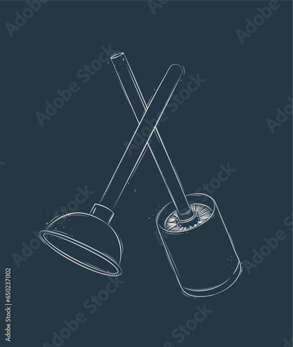 Obraz na płótnie Cleaning tools toilet brush and plunger drawing in graphic style on blue background w salonie